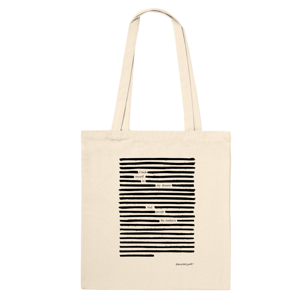 Beige tote bag with black striped design - natural colored cotton tote bag with poetry print, black on natural white