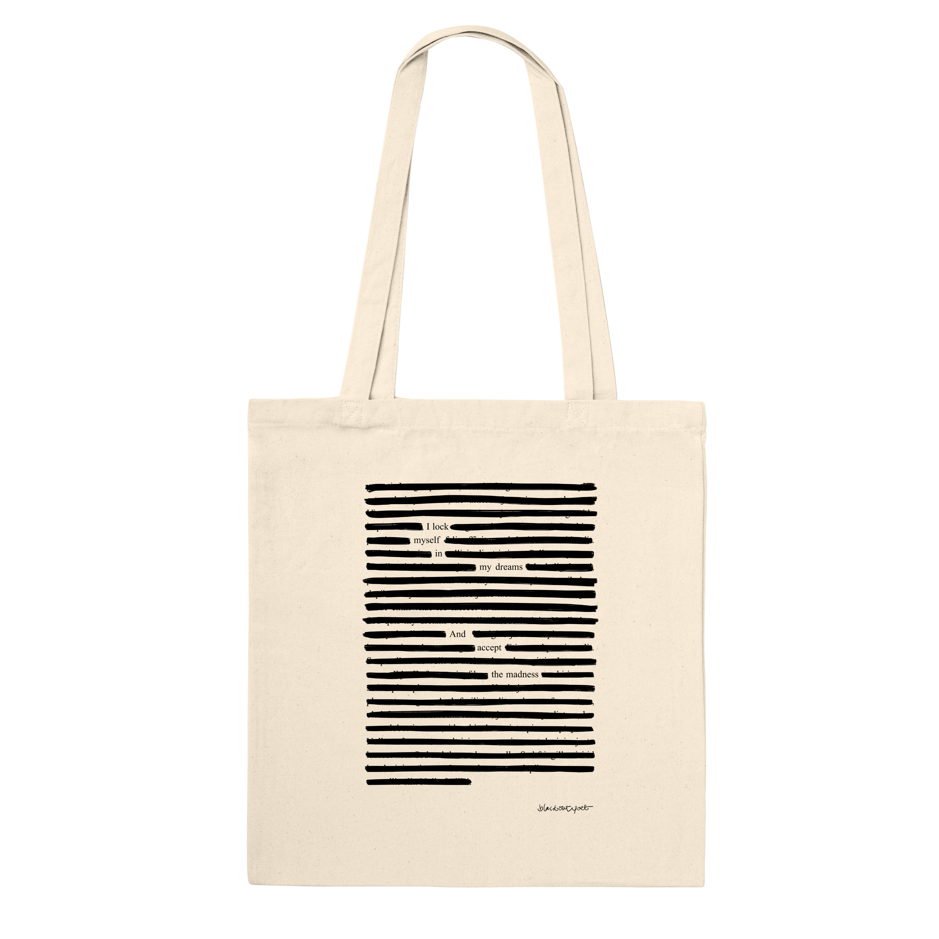 Beige tote bag with black striped design - natural colored cotton tote bag with poetry print, black on natural white