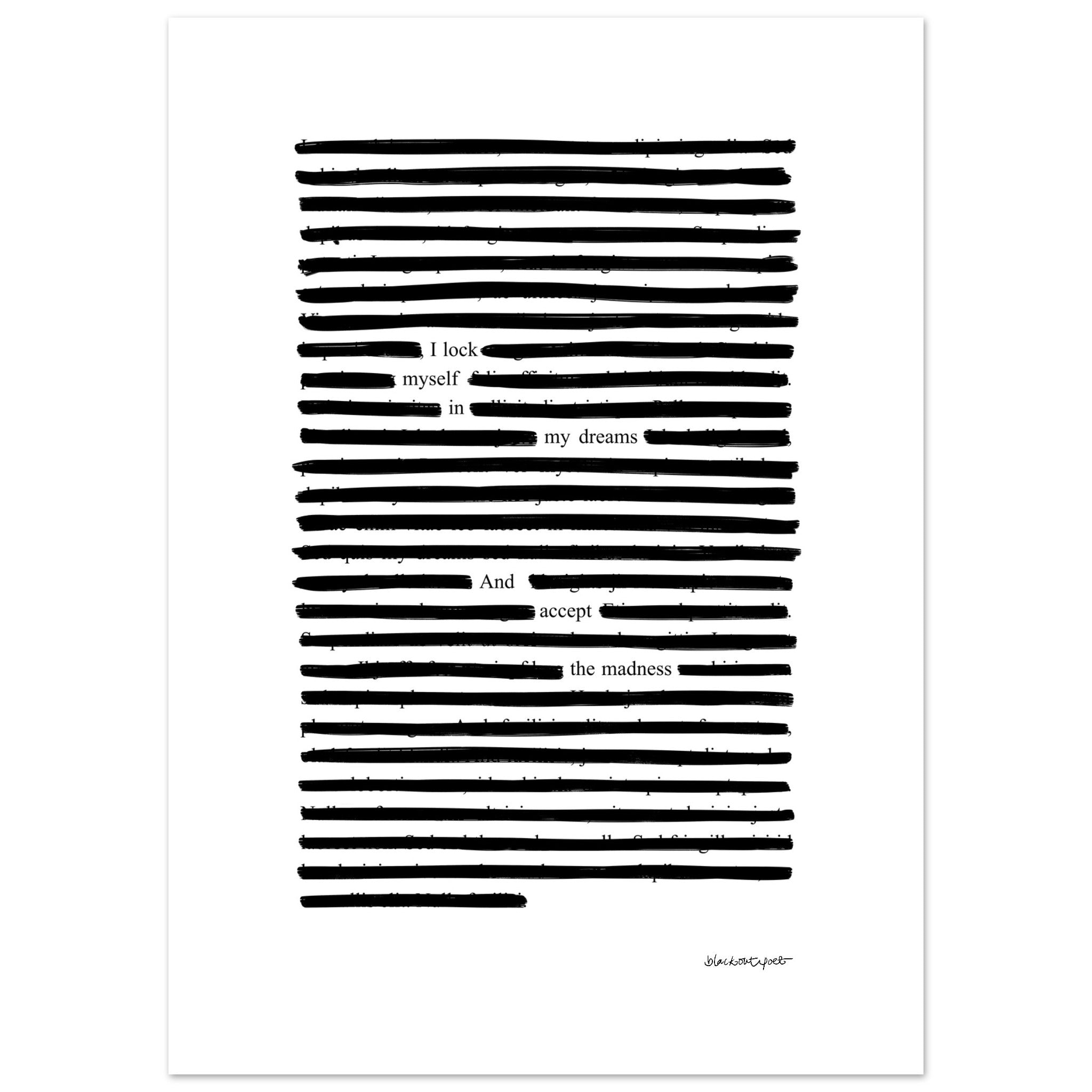 Large black and white poetry print, size 50x70 cm / 20x28″