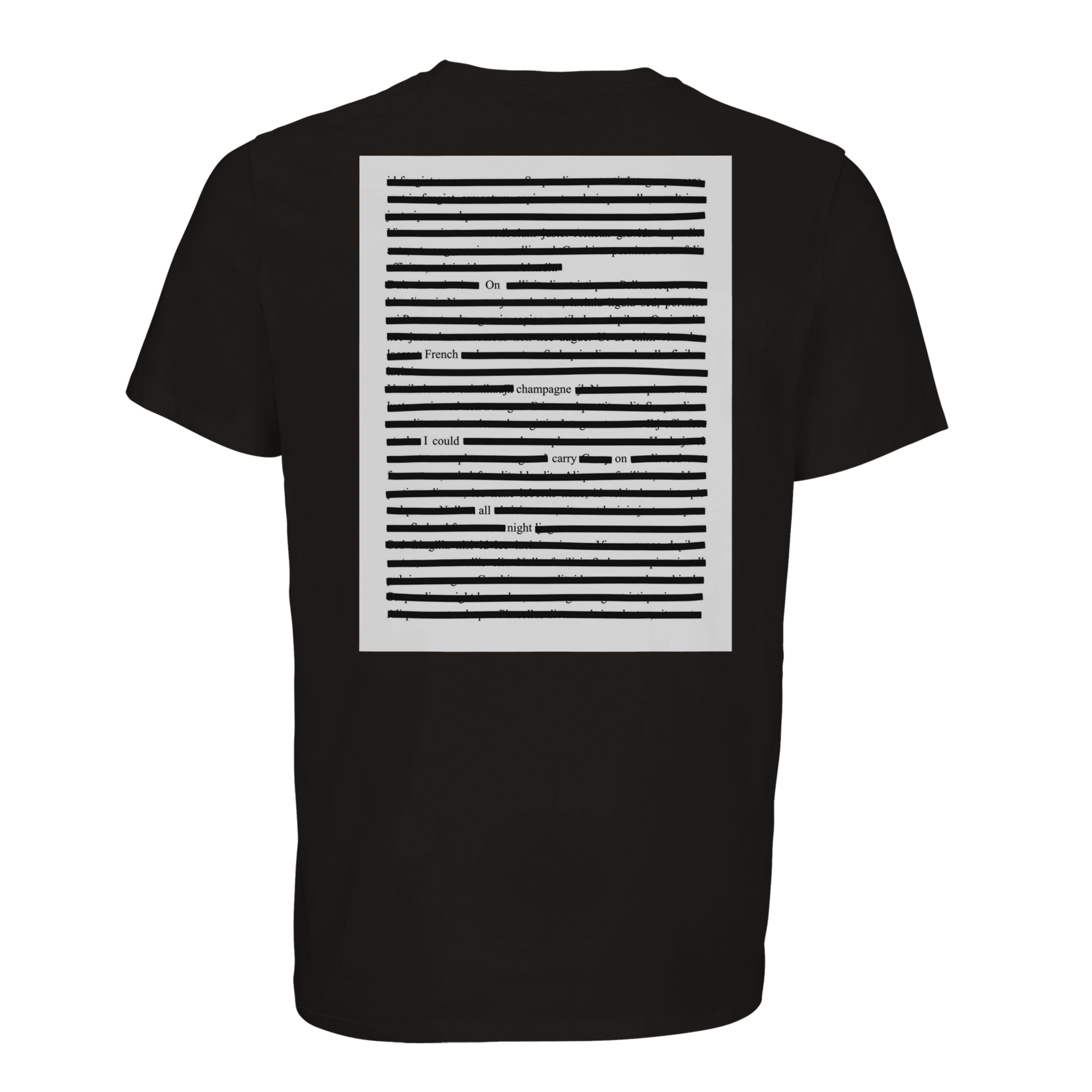 Back of white organic cotton t-shirt with the blackout poetry poem on French champagne, black on black version