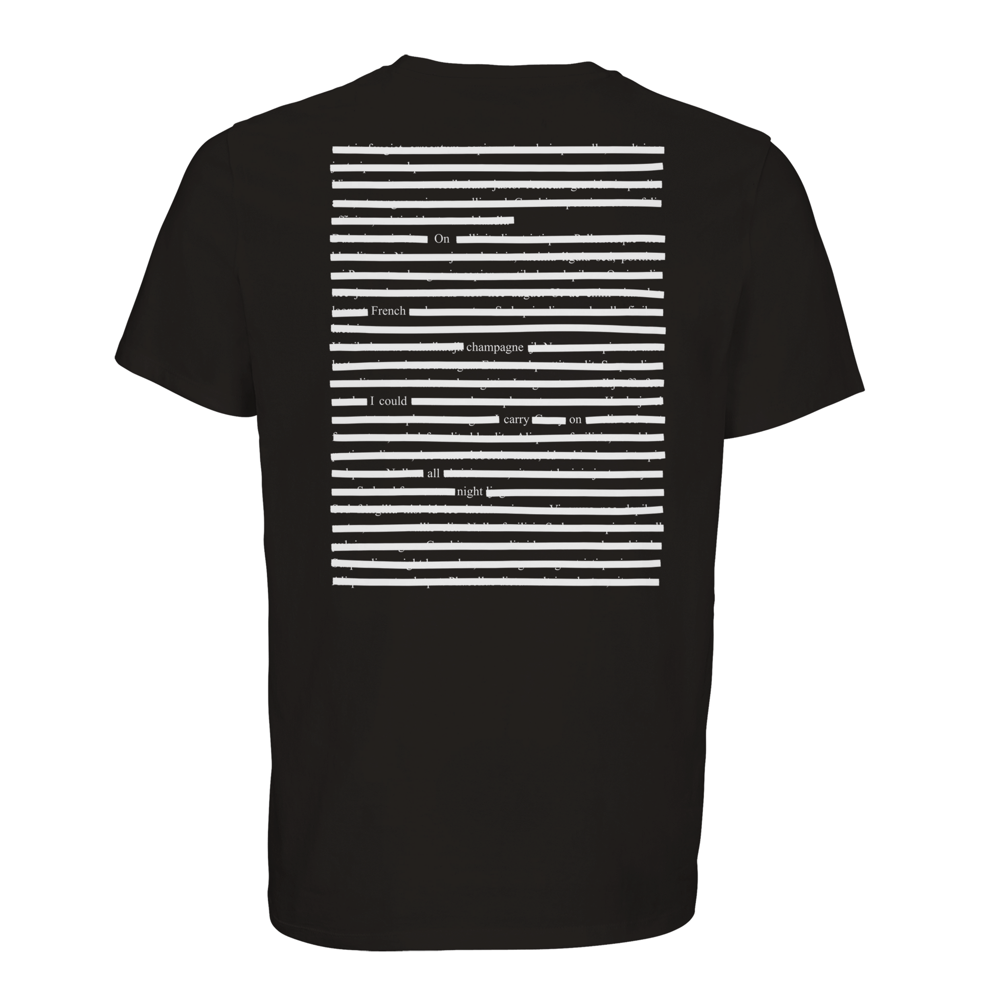 Back of white organic cotton t-shirt with the blackout poetry poem on French champagne, white on black version