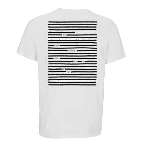 Back of white organic cotton t-shirt with the blackout poetry poem on French champagne, black on white version.