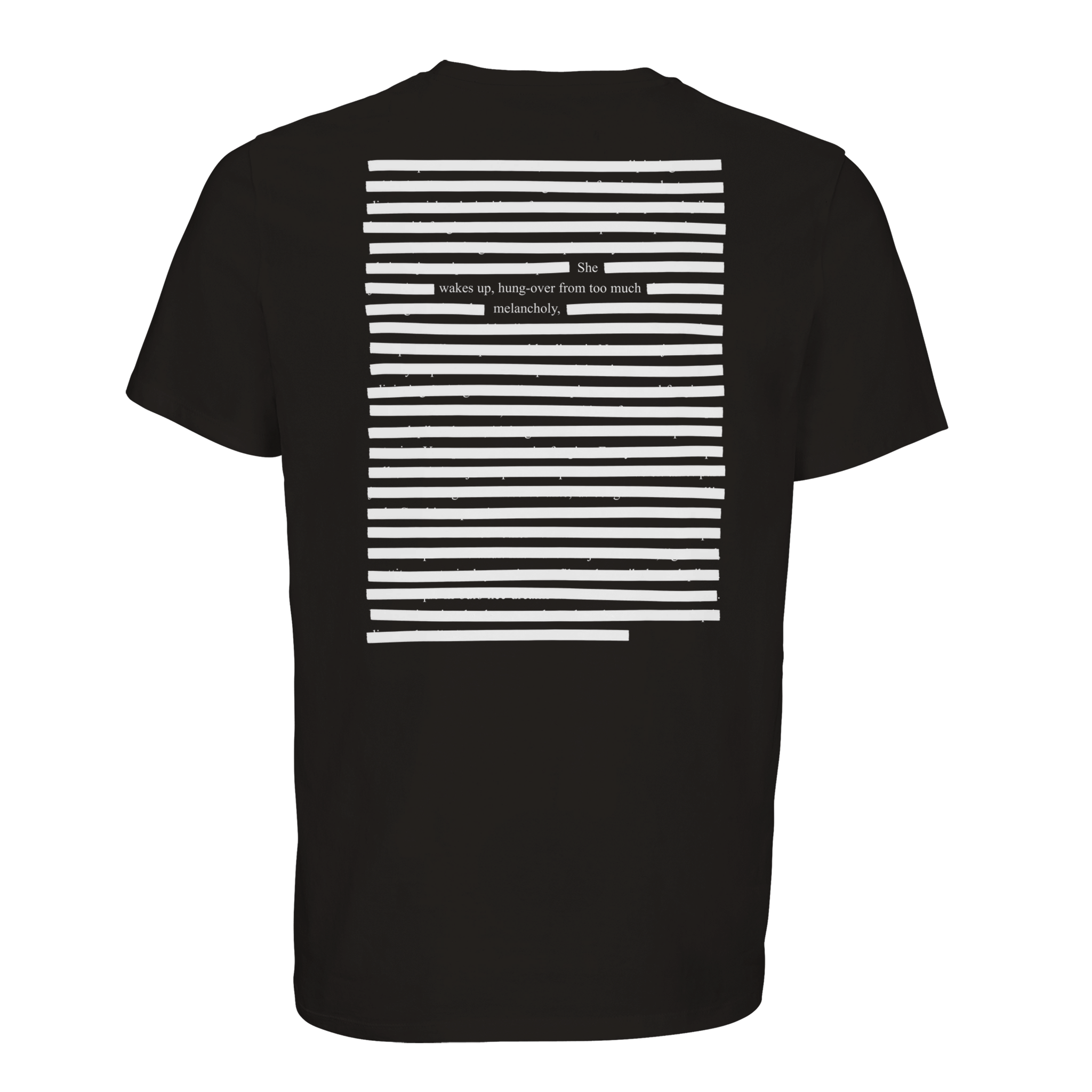Black organic T-shirt with printed art poetry, white on black