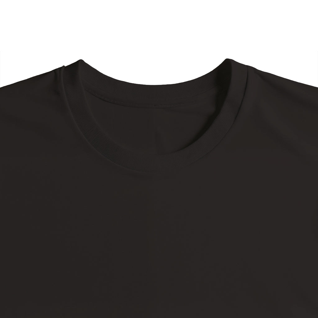 Detail image of neck/collar of black organic cotton t-shirt, black on black & white on black design