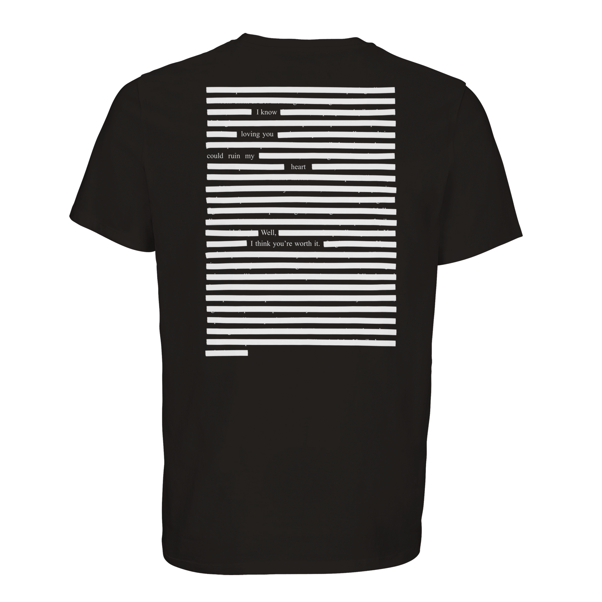 Black T-shirt on organic cotton poetry art printed, white on black