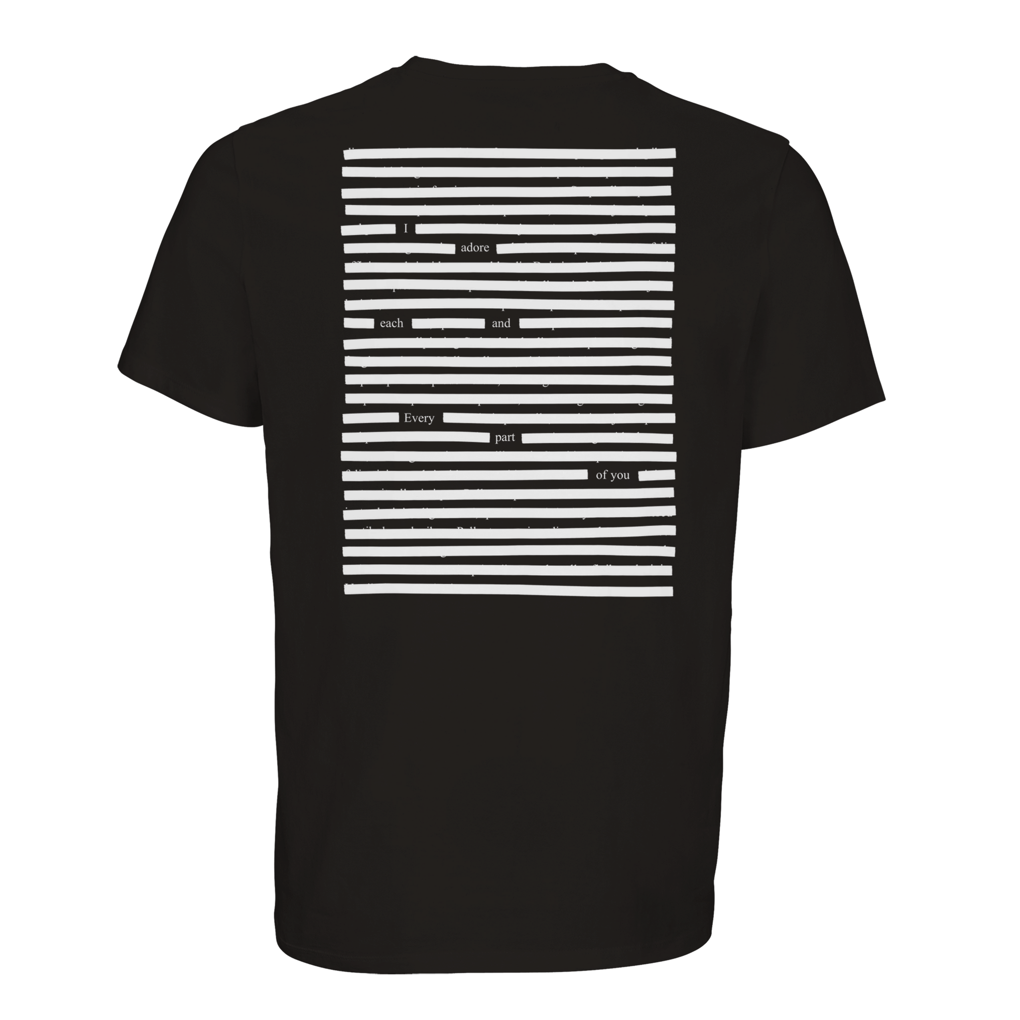 Black T-shirt organic cotton with white printed poetry art, white on black