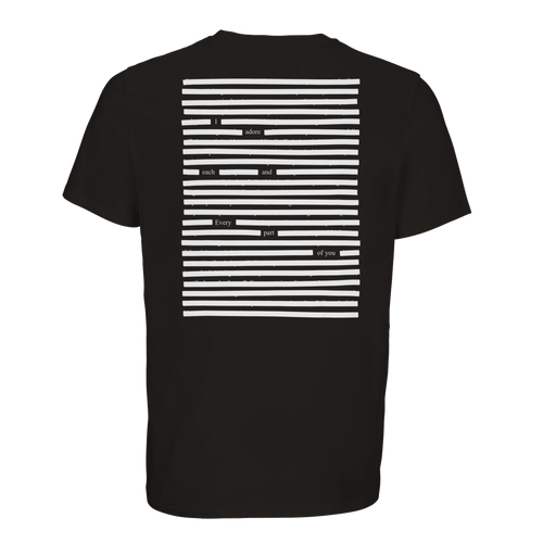Black T-shirt organic cotton with white printed poetry art, white on black