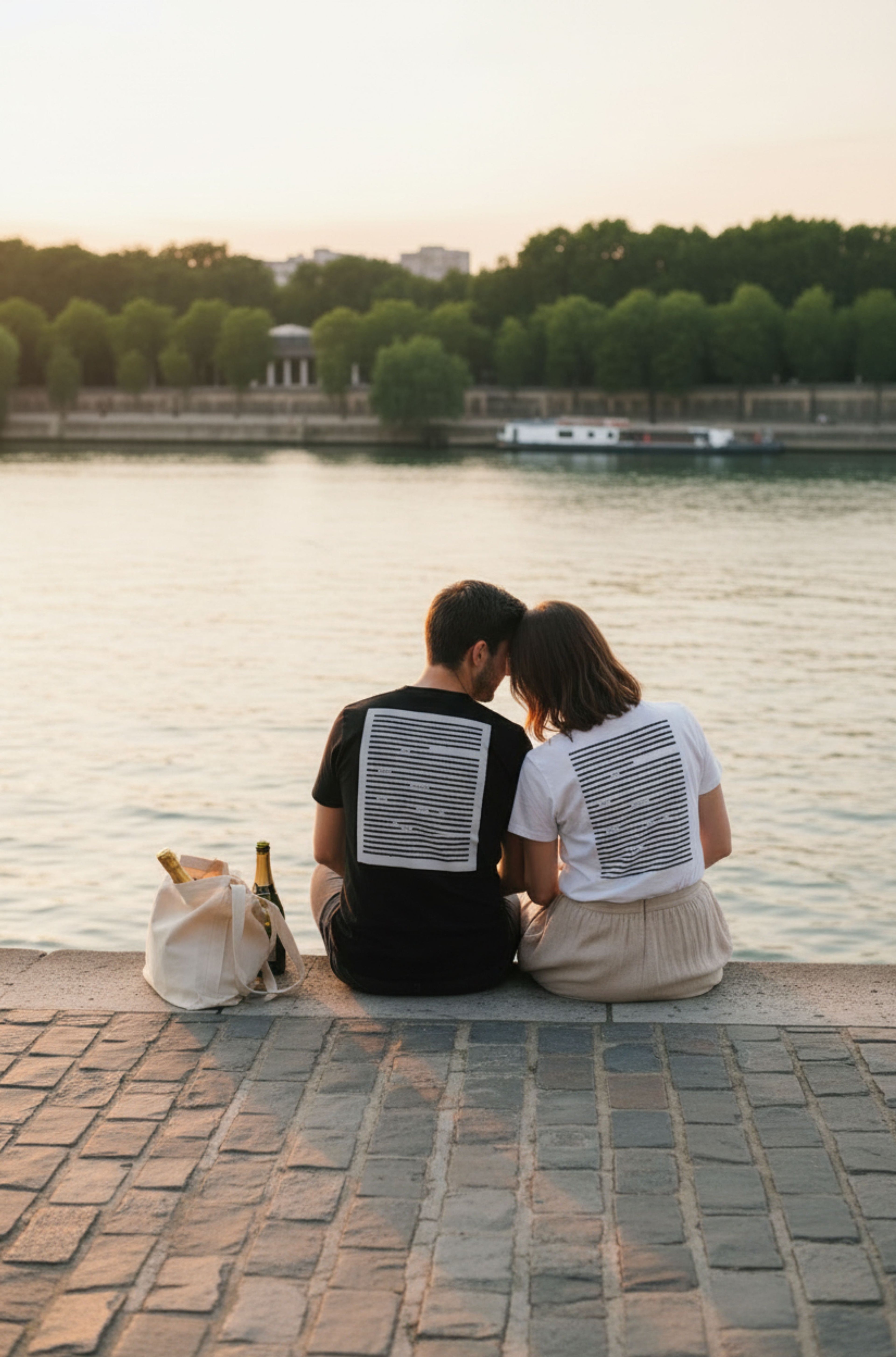 Couple relaxing by a river, wearing black and white poetry printed t-shirts in black on black and black on white design