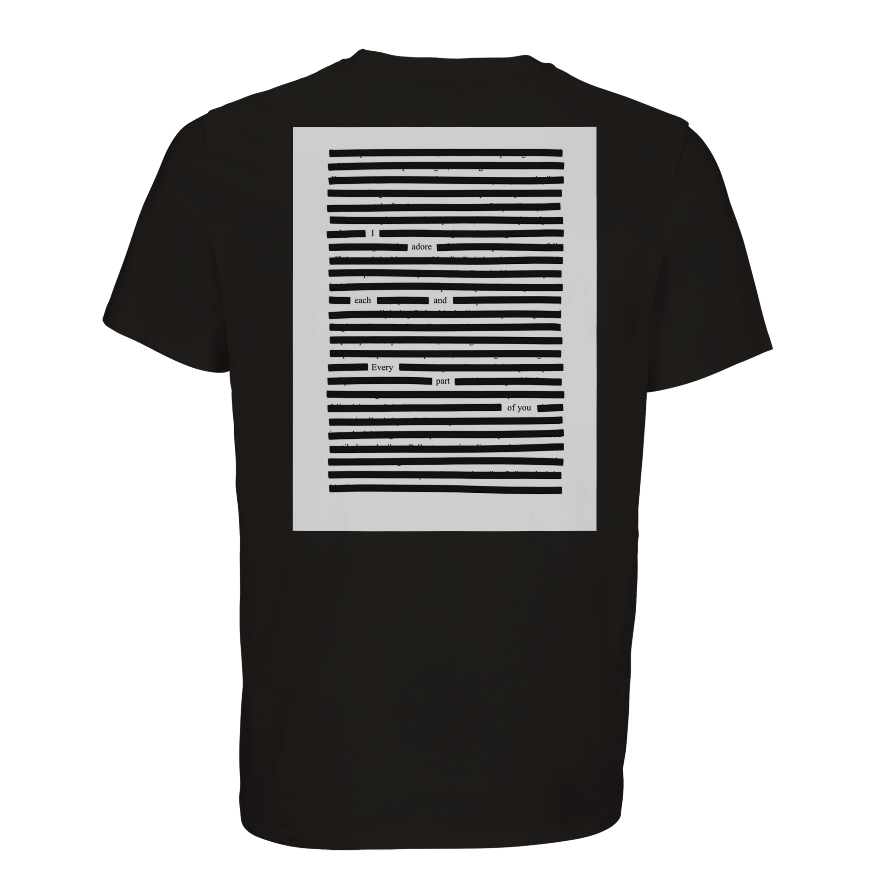 Black T-shirt with white printed poetry art on organic cotton, black on black