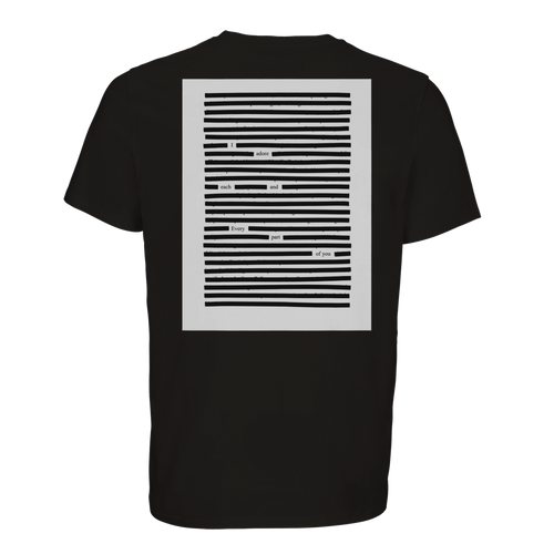 Black T-shirt with white printed poetry art on organic cotton, black on black