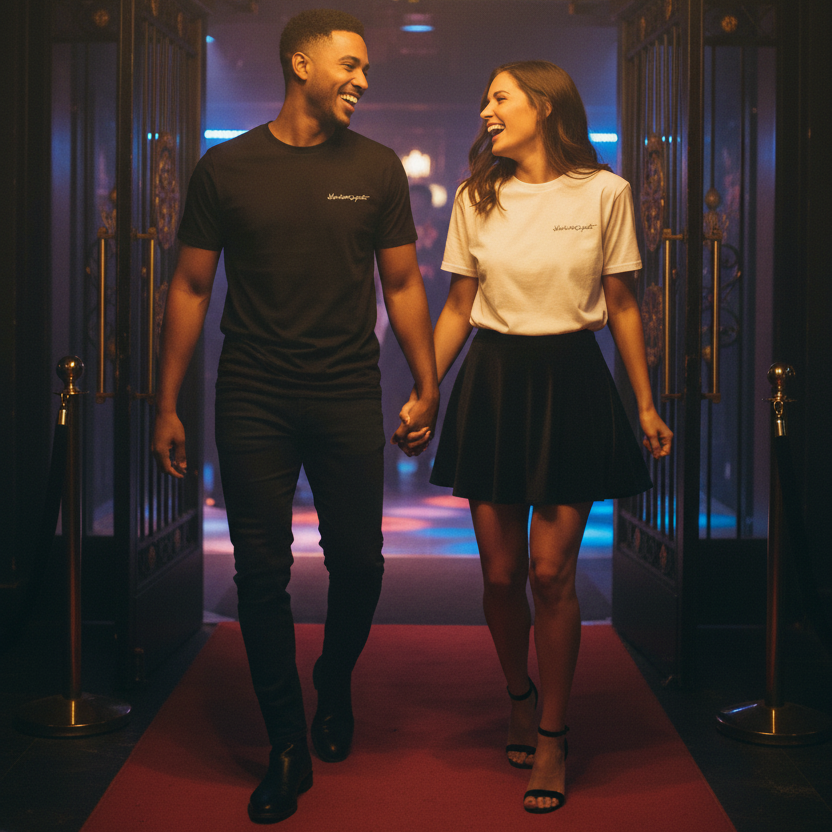 Lifestyle image of couple leaving a dance floor hand in hand. Man wearing a black t-shirt with white logo and woman wearing a white t-shirt with black logo. Styles: black on black, white on black, black on white
