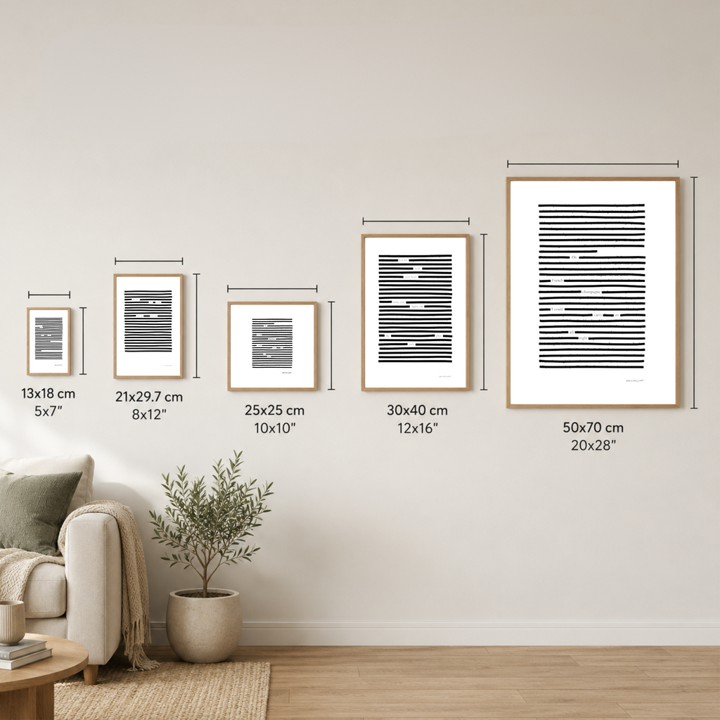 Example: measurement comparison posters, all sizes:

13x18 cm / 5x7″
21x29.7 cm / 8x12"
25x25 cm / 10x10″
30x40 cm / 12x16″
50x70 cm / 20x28″