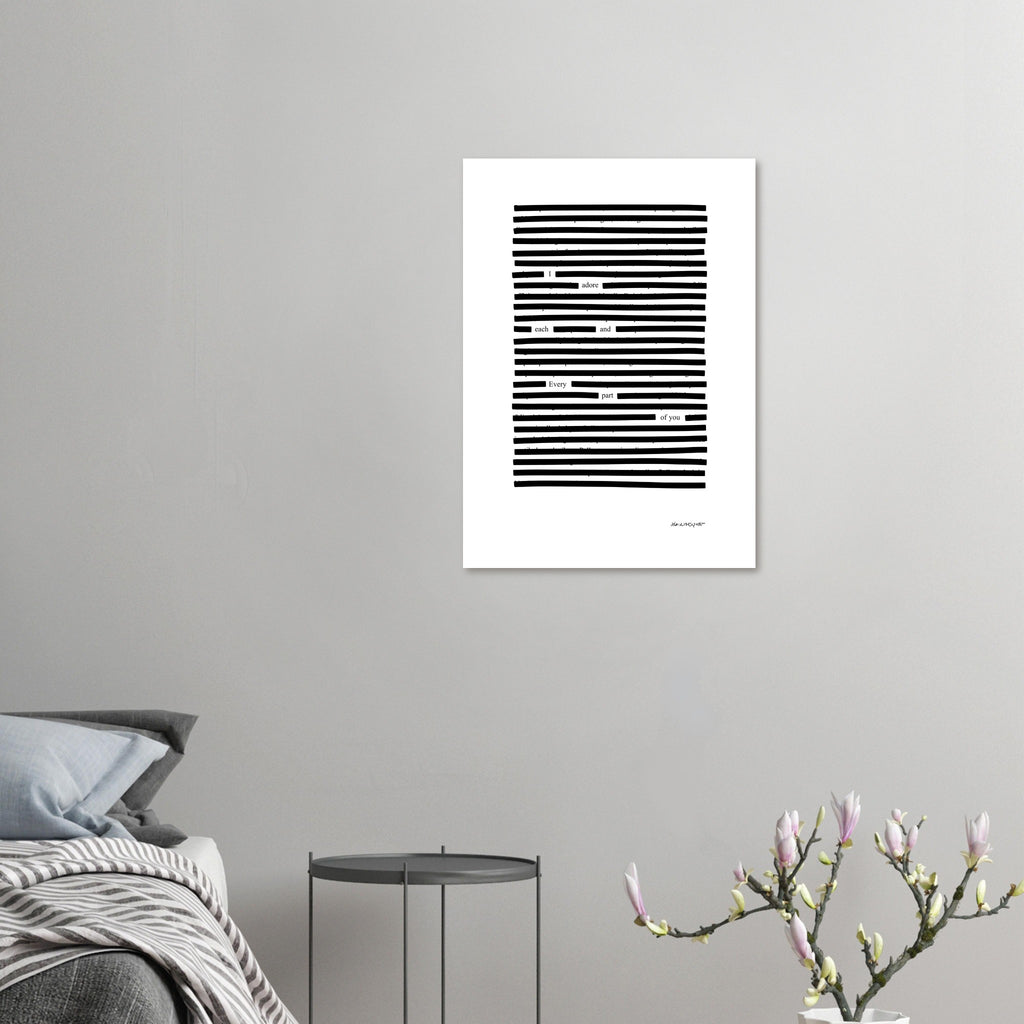 Black on white wall art on grey bedroom wall.
Available in 5 sizes:
13x18 cm / 5x7″
21x29.7 cm / 8x12"
25x25 cm / 10x10″
30x40 cm / 12x16″
50x70 cm / 20x28″