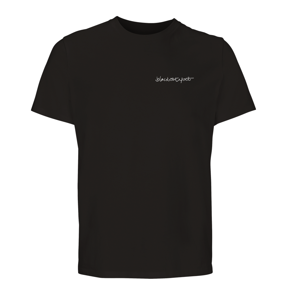 Front of organic unisex graphic poetry t-shirt with logotype, white on black, black on black