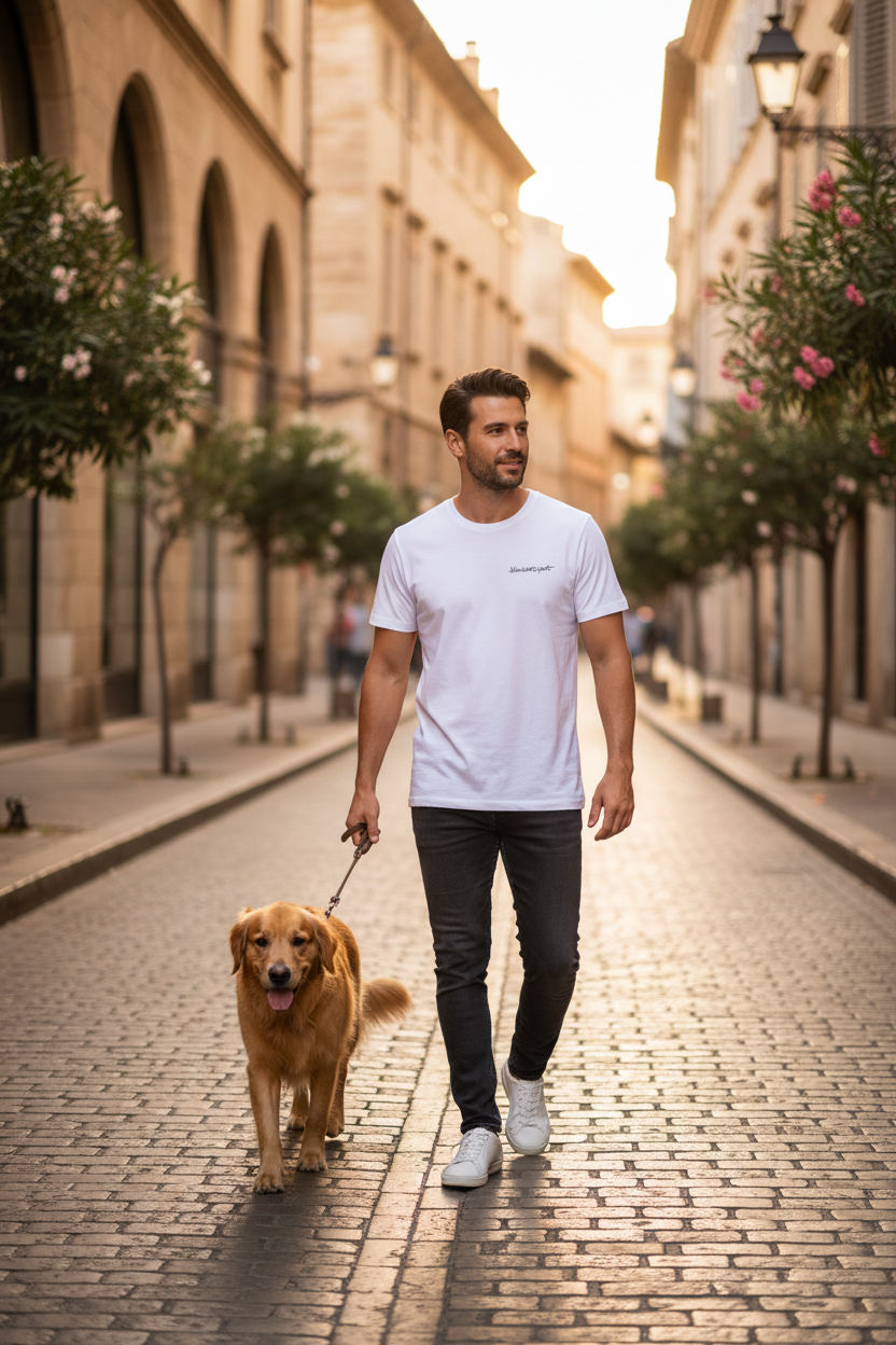 Man walking his dog down a street wearing white blackout poet t-shirt, black on white design