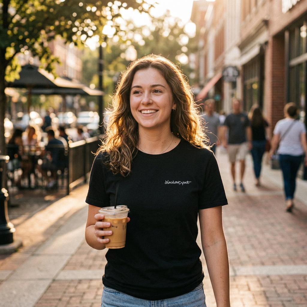 Image of woman wearing a black organic cotton t-shirt with logotype, holding an ice coffee, black on black, white on black design
