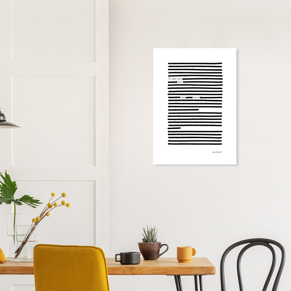 Poster with blackout poetry on kitchen wall with yellow details.
Available in 5 sizes:
13x18 cm / 5x7″
21x29.7 cm / 8x12"
25x25 cm / 10x10″
30x40 cm / 12x16″
50x70 cm / 20x28″