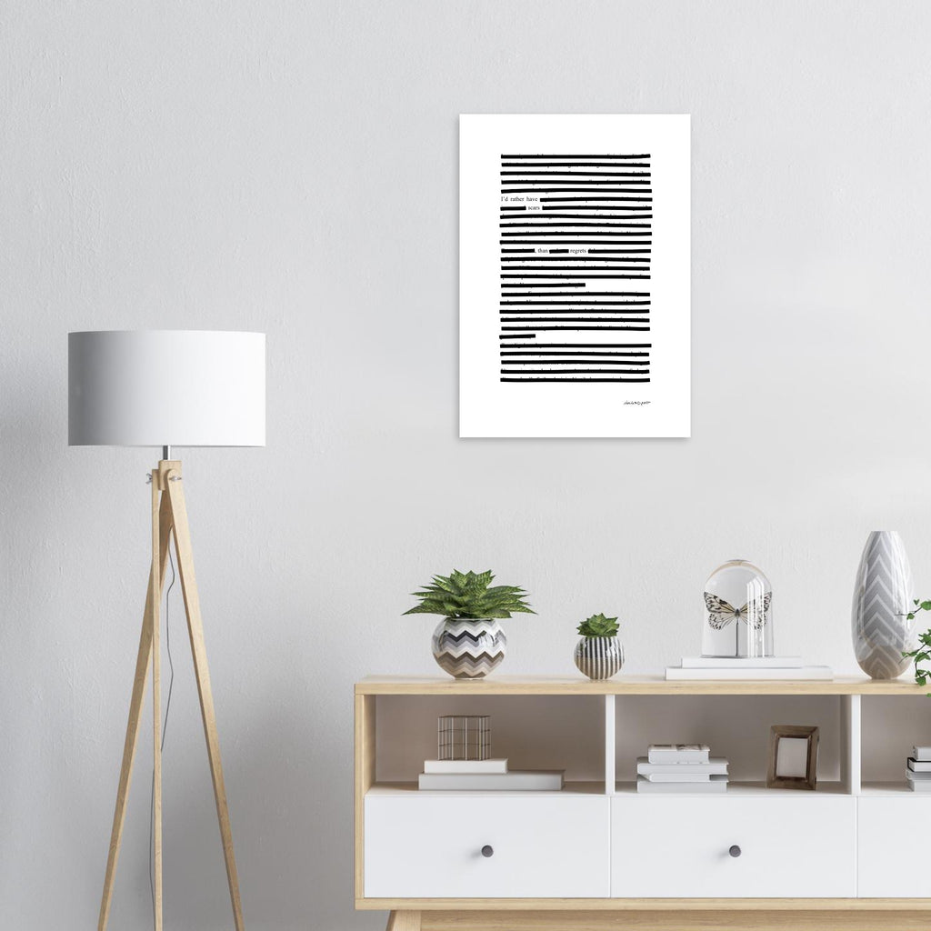 White poster with black stripes, visual poetry graphic print on livingroom wall.
Available in 5 sizes:
13x18 cm / 5x7″
21x29.7 cm / 8x12"
25x25 cm / 10x10″
30x40 cm / 12x16″
50x70 cm / 20x28″