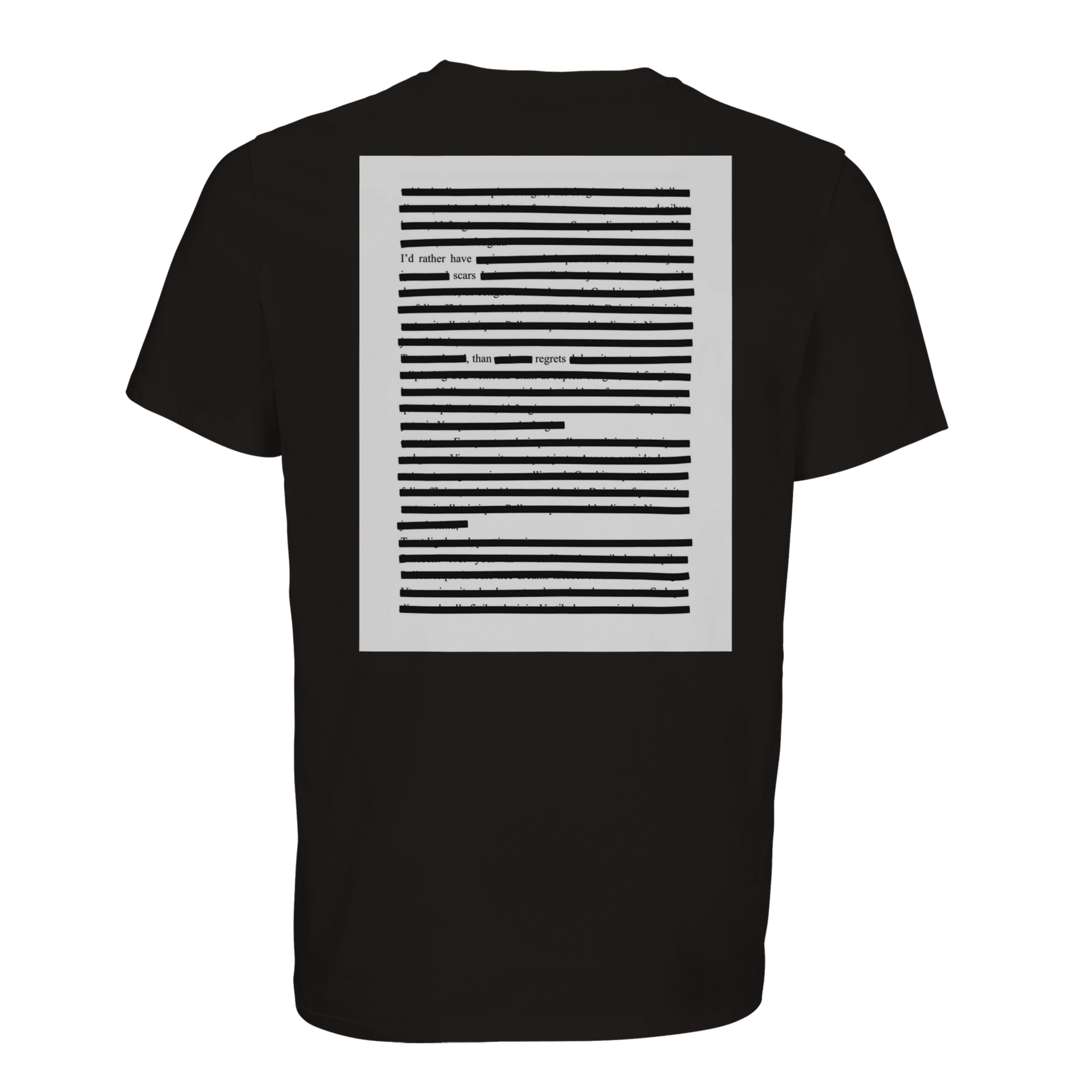 Back of black on black t-shirt, I'd rather have scars, black poetry printed unisex t-shirt in organic cotton, black on black