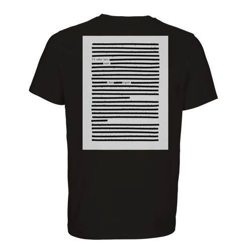 Back of black on black t-shirt, I'd rather have scars, black poetry printed unisex t-shirt in organic cotton, black on black