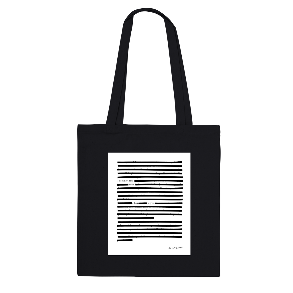 Black organic tote bag with black graphic design on a white background, poetry printed, sustainable, black on black