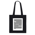 Black organic tote bag with black graphic design on a white background, poetry printed, sustainable, black on black