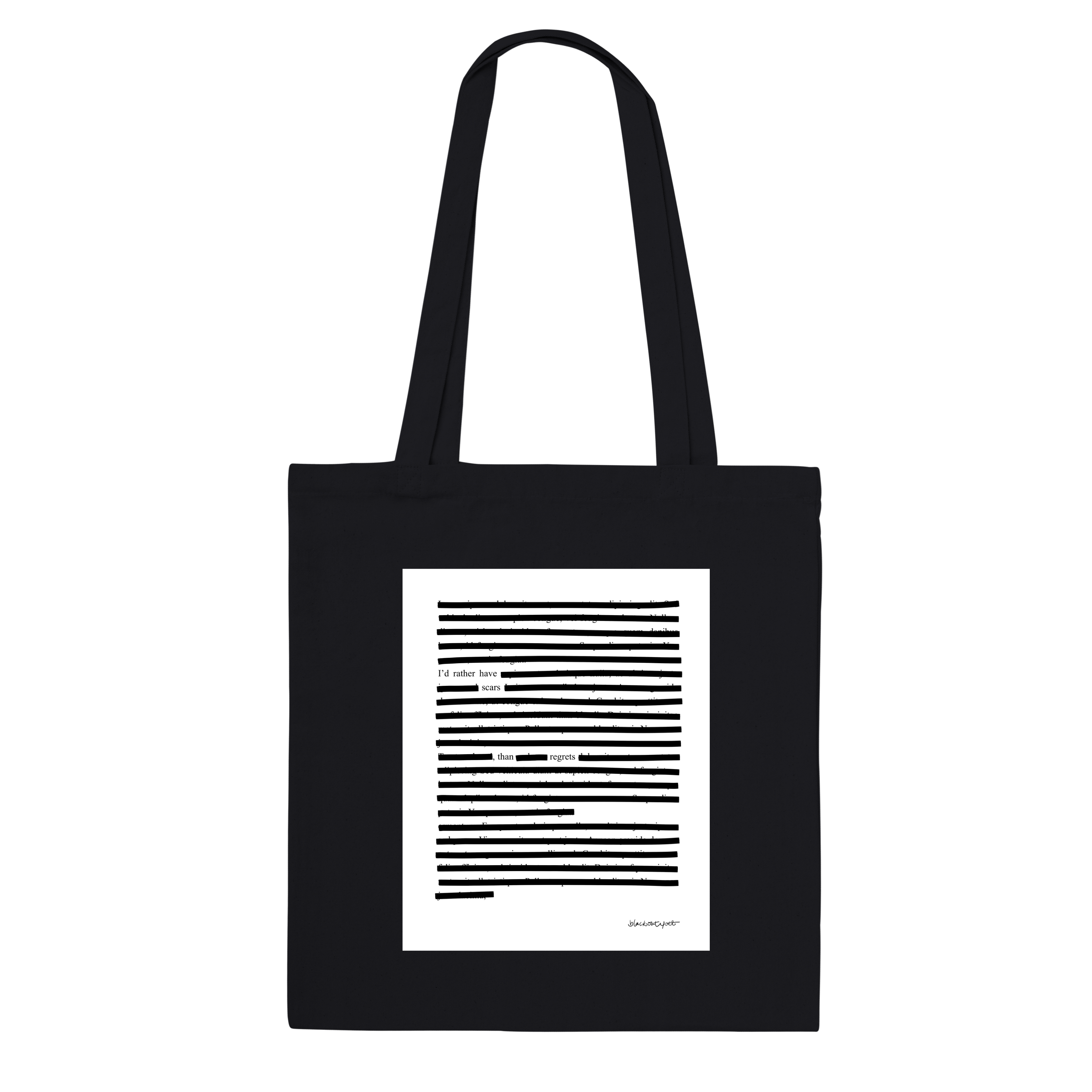 Black organic tote bag with black graphic design on a white background, poetry printed, sustainable, black on black