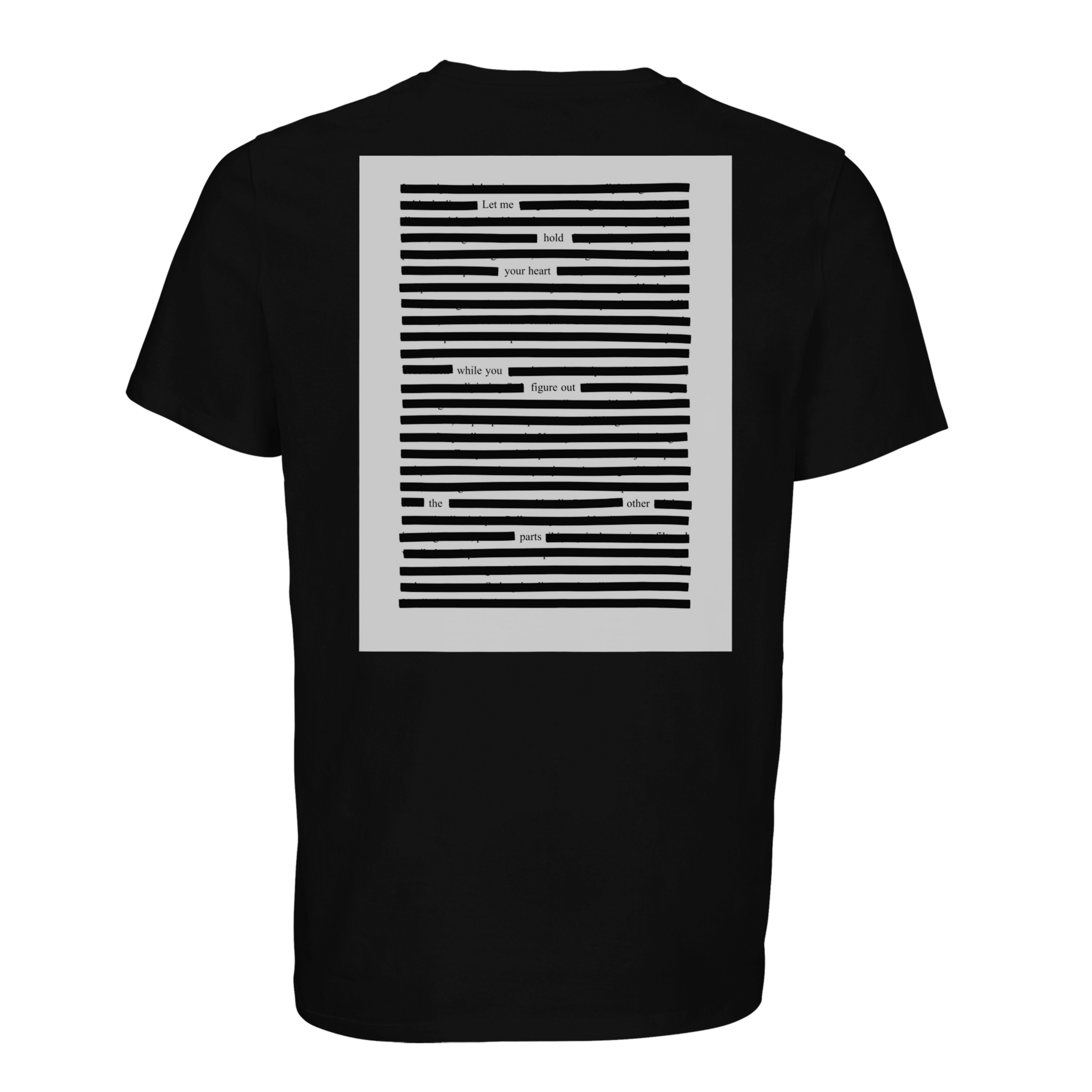 Black T-shirt organic cotton poetry printed  art, black on black