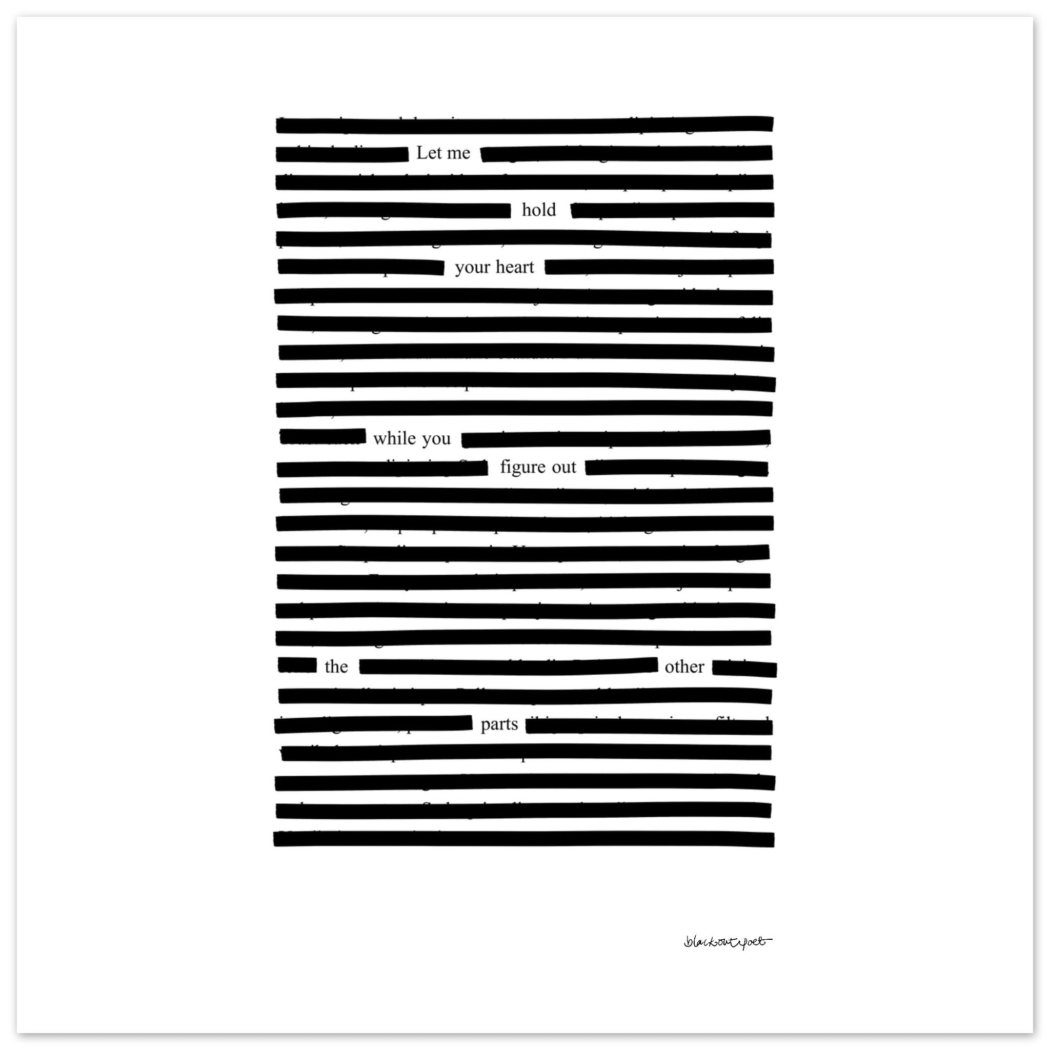 Square art print with blackout poetry print, love poem, size 25x25 cm / 10x10″