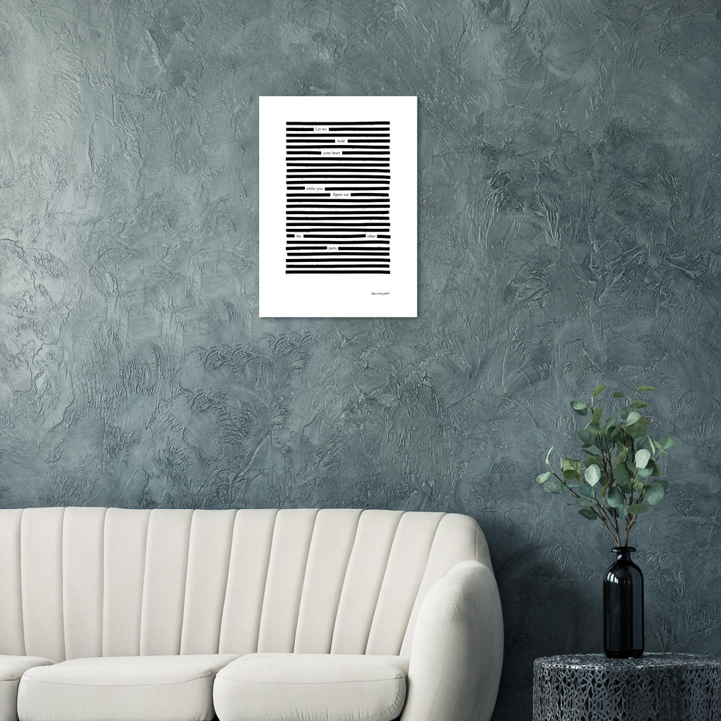 Love poem printed on black and white poster on blue-green living room wall, above grey sofa.
Available in 5 sizes:
13x18 cm / 5x7″
21x29.7 cm / 8x12"
25x25 cm / 10x10″
30x40 cm / 12x16″
50x70 cm / 20x28″