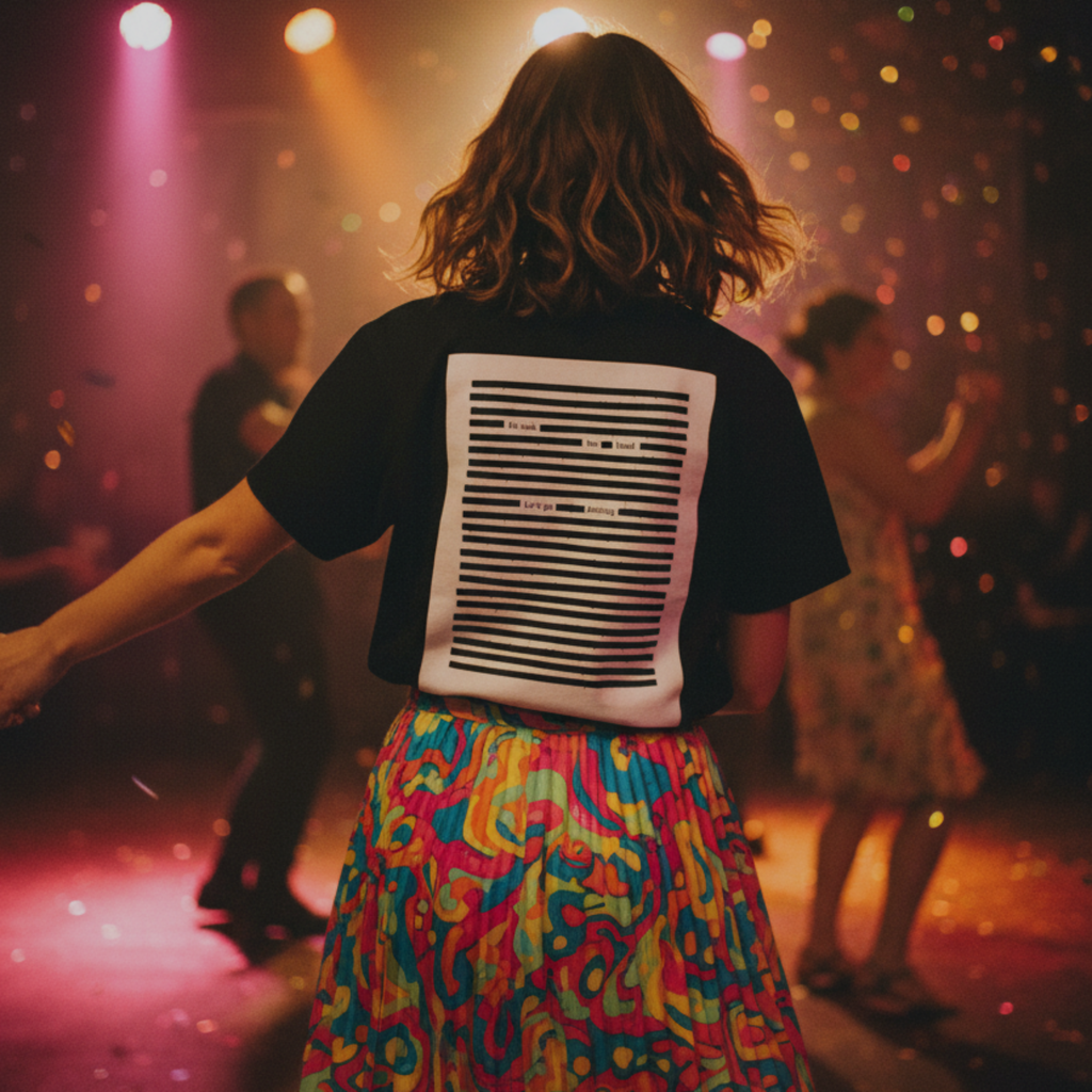 Woman on her way to dance on a dance floor, wearing black organic cotton t-shirt with black on black poetry design