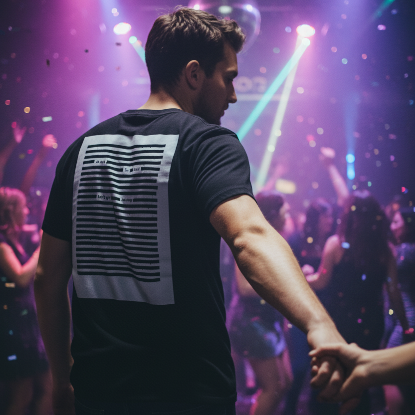 Example of man wearing black organic cotton Let's Go Dancing t-shirt, pulling someone onto the dance floor. Style: black on black