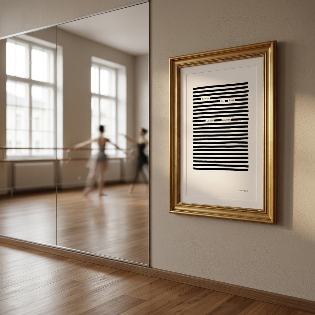 Large poster in gold frame on wall of dance studio, with blackout poetry poem art print.
Available in 5 sizes:
13x18 cm / 5x7″
21x29.7 cm / 8x12"
25x25 cm / 10x10″
30x40 cm / 12x16″
50x70 cm / 20x28″