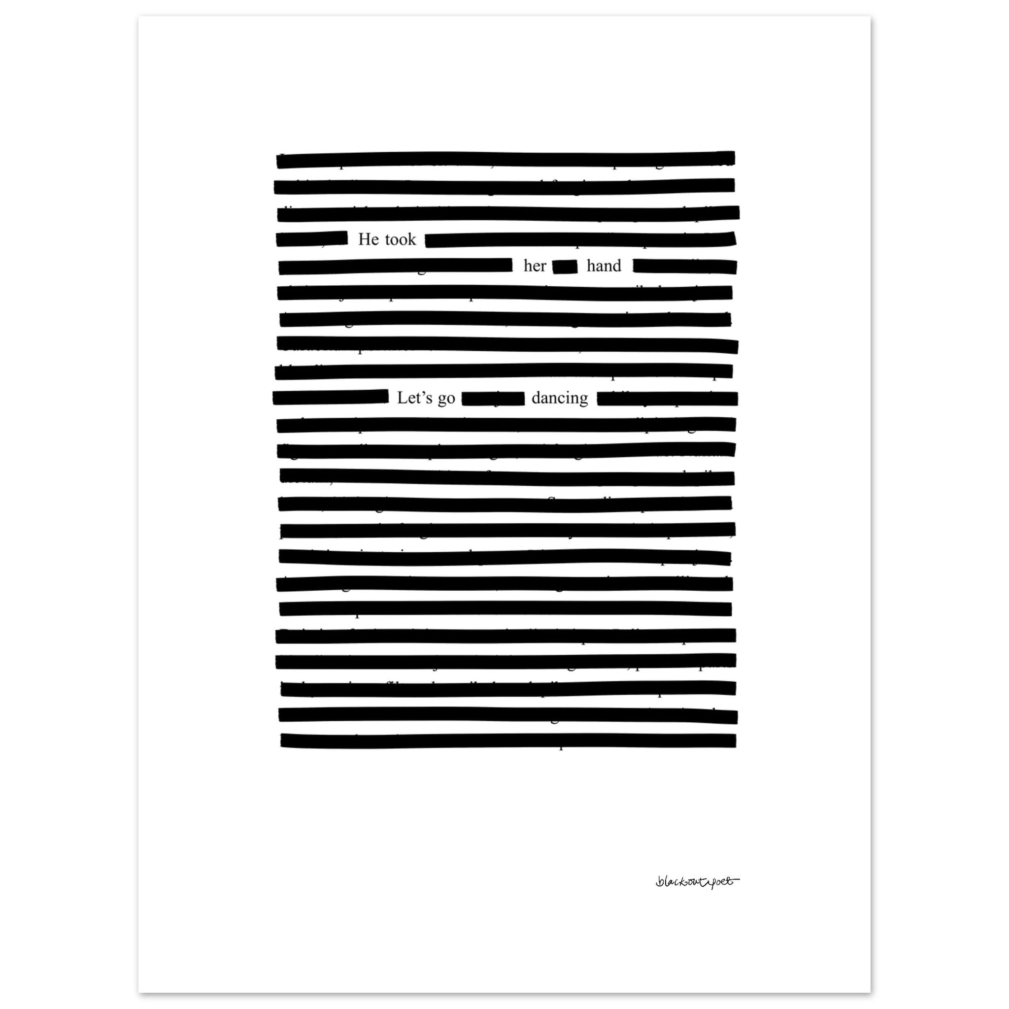 Black on white visual art poetry print, size 30x40 cm / 12x16″