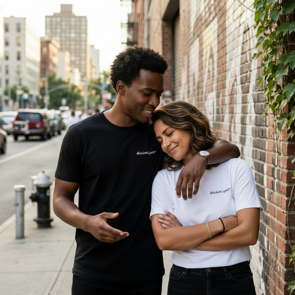 Lifestyle photo of couple wearing black and white t-shirts with blackoutpoet logo. Style: black on black, white on black, black on white