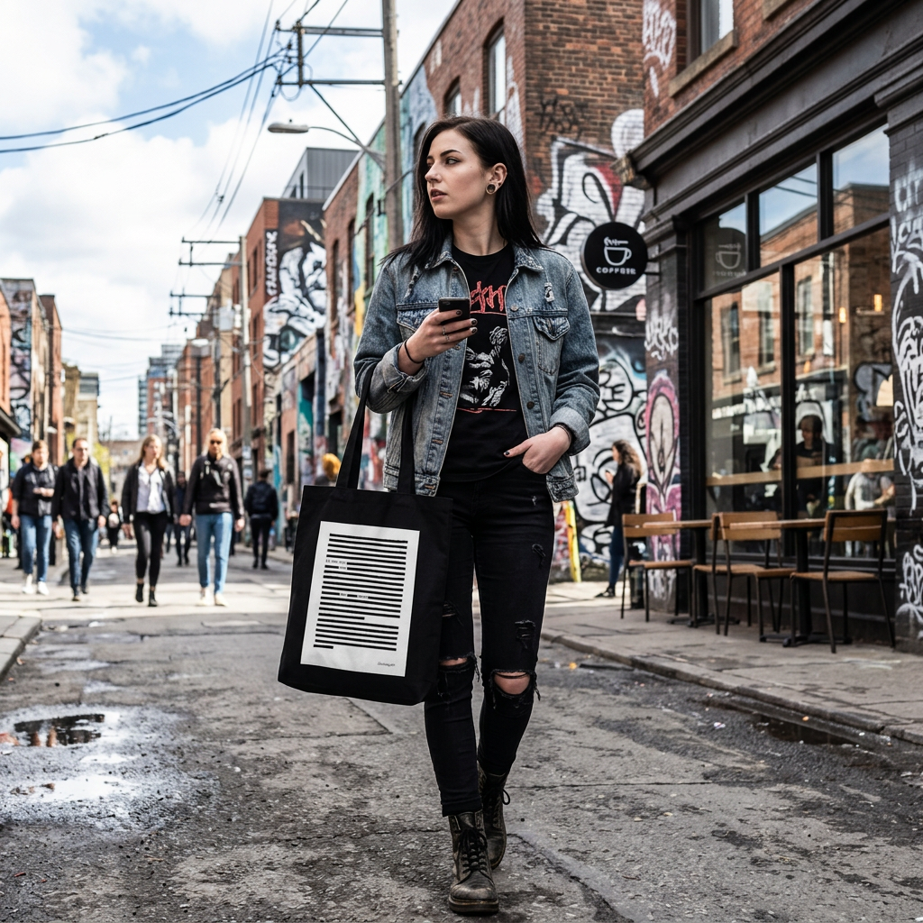 Woman walking down London street with black organic tote bag with black graphic design on a white background, poetry printed, sustainable, black on black