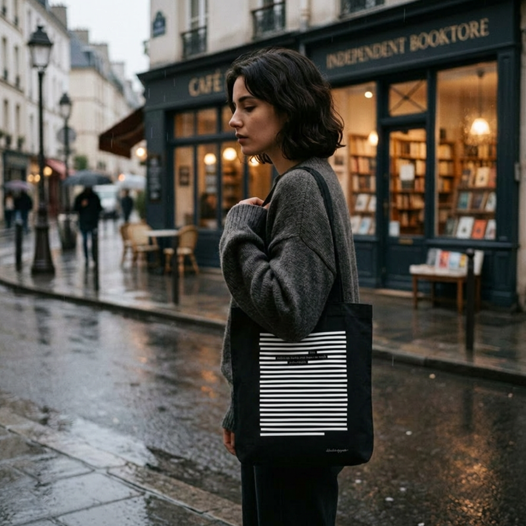 Lifestyle picture of a person carrying a black organic tote bag printed sustainable eco fashion poetry art, white on black