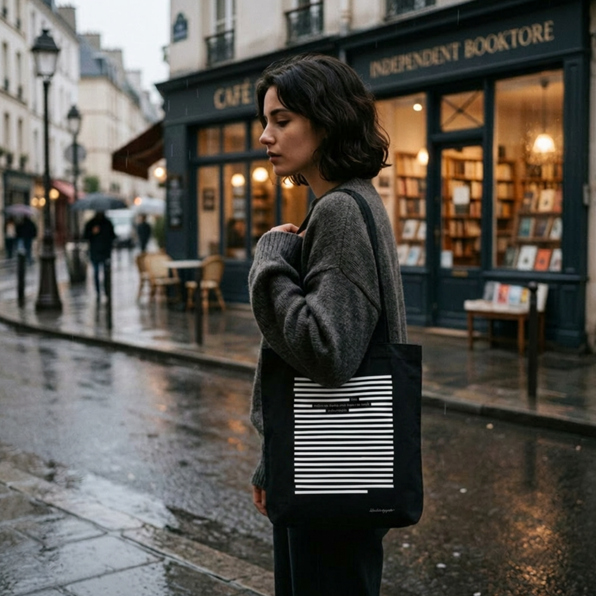 Lifestyle picture of a person carrying a black organic tote bag printed sustainable eco fashion poetry art, white on black