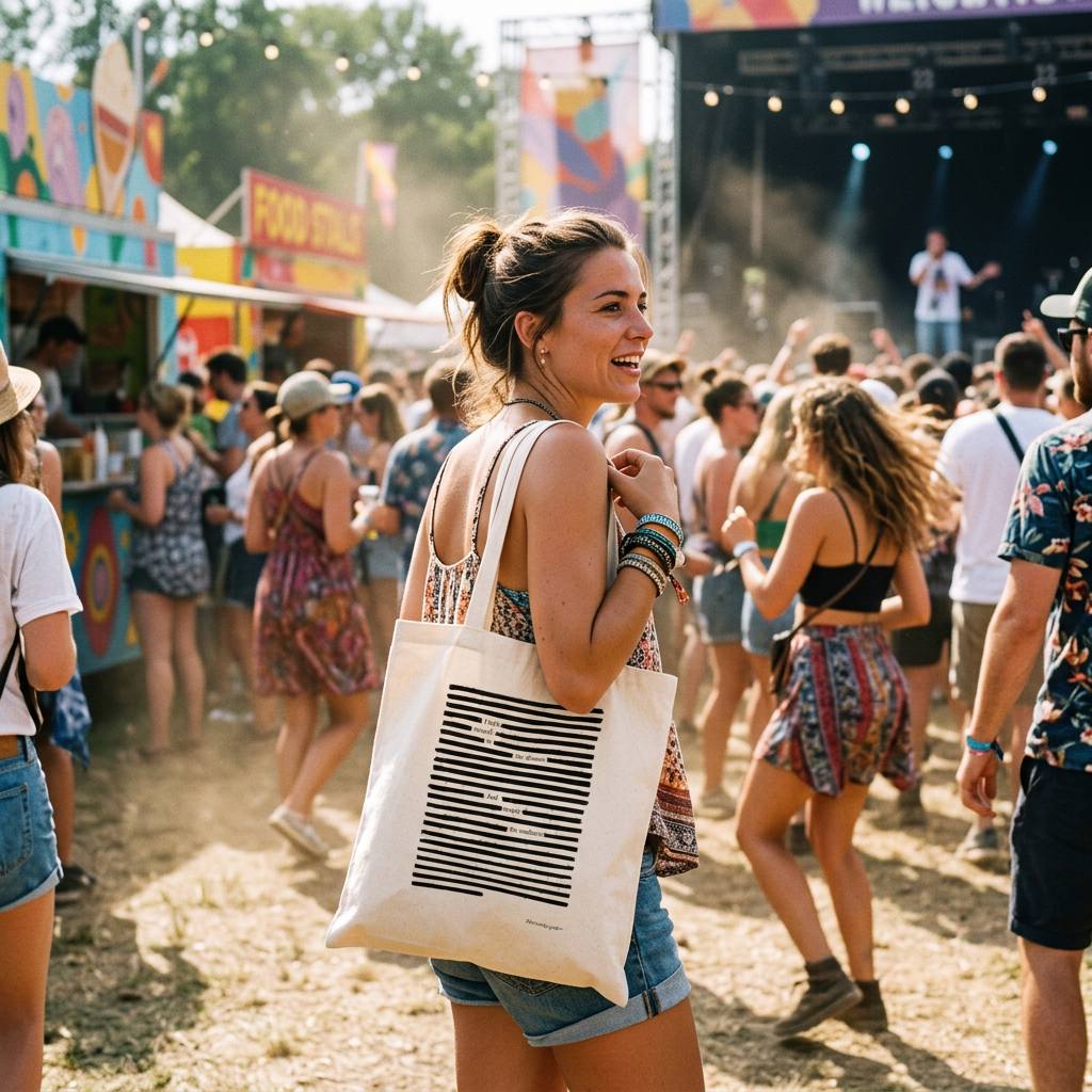 Lifestyle photo of woman at a festival, carrying a beige tote bag with black striped design - natural colored cotton tote bag with poetry print, black on natural white