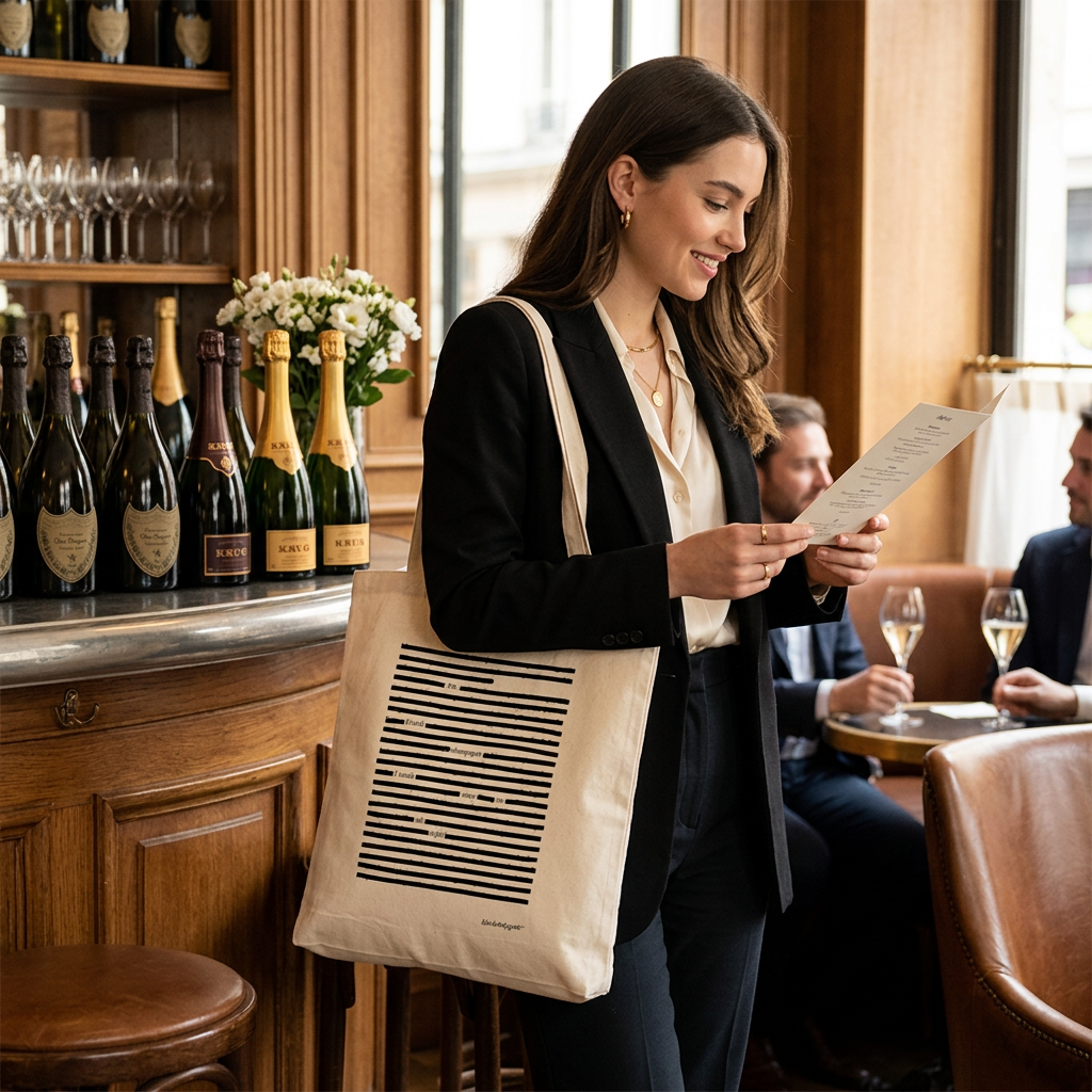 Lifestyle photograph of a person in restaurant, carrying natural colored tote bag with blackout poem On French Champagne, in durable, sustainable organic cotton, black on natural white
