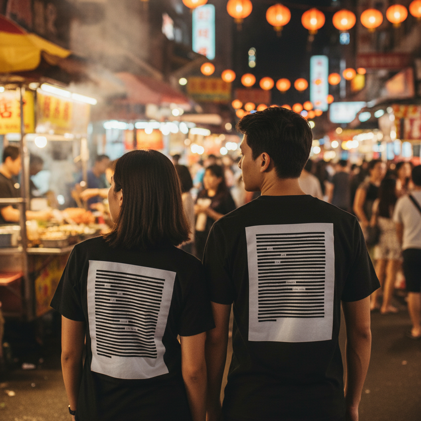 Lifestyle image of man and woman walking through a market street, both pictured from behind wearing black organic cotton t-shirt with graphic black on black print.