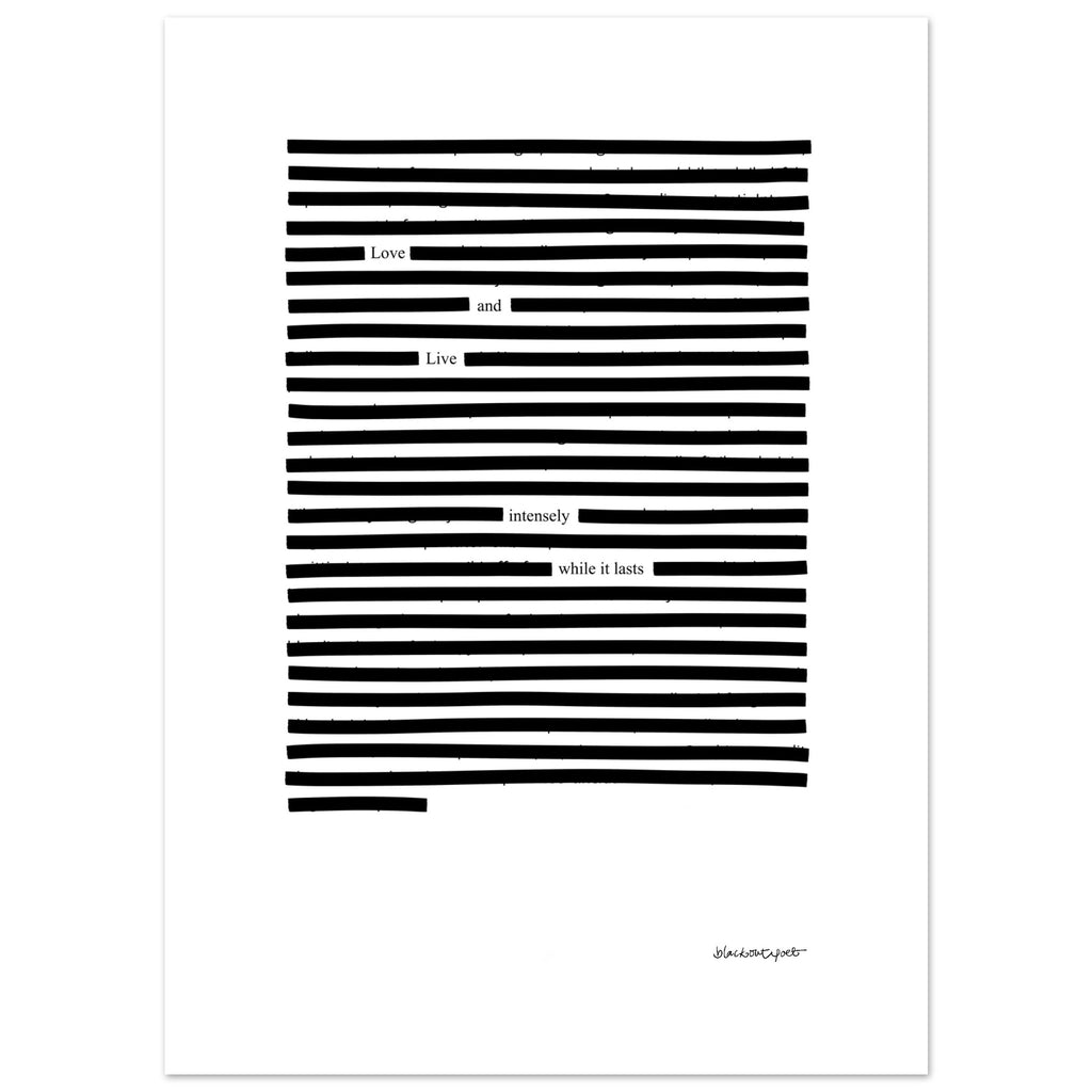 Love and live - blackout poetry wall art, black and white print poster, size 13x18 cm / 5x7″