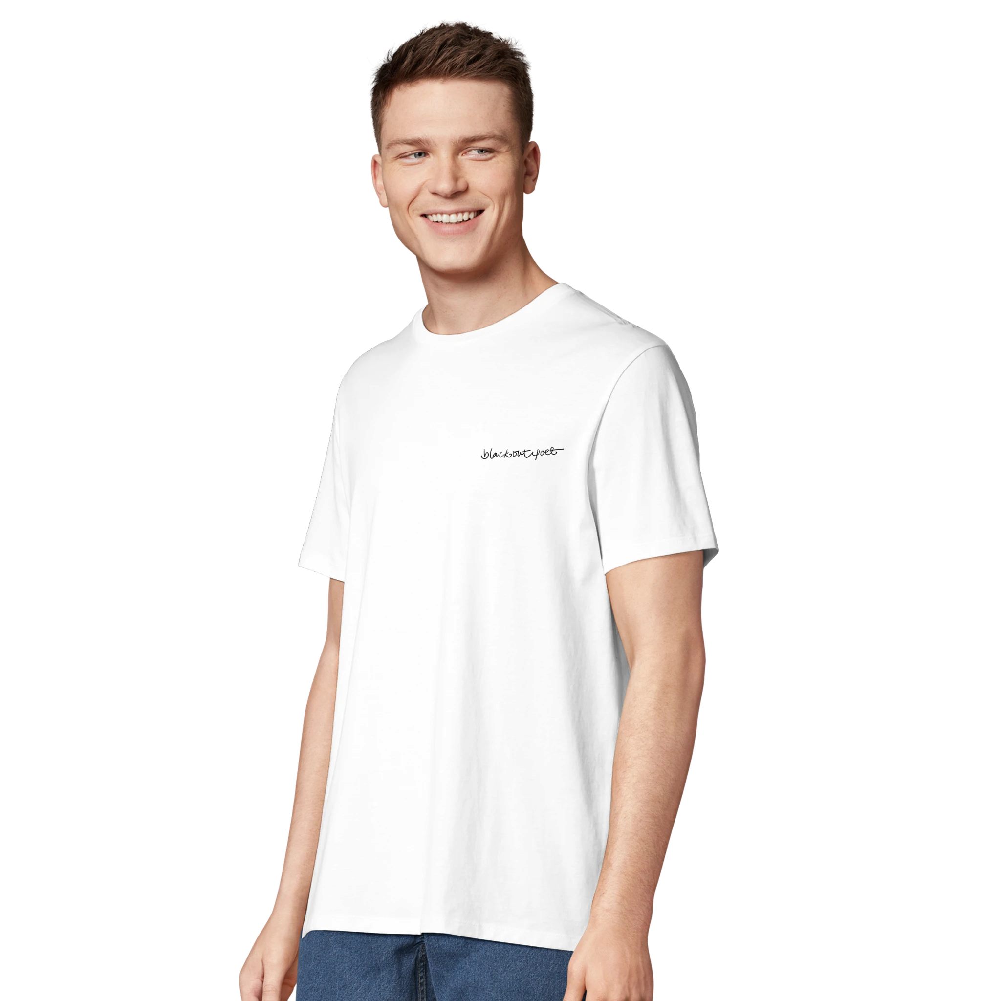 Male model pictured from front, wearing  a white organic graphic poetry t-shirt with logotype, black on white