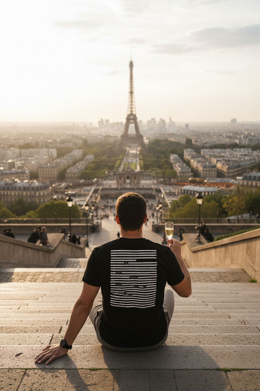 Man wearing black poetry t-shirt looking out over the Eiffel tower, wearing white on black t-shirt design