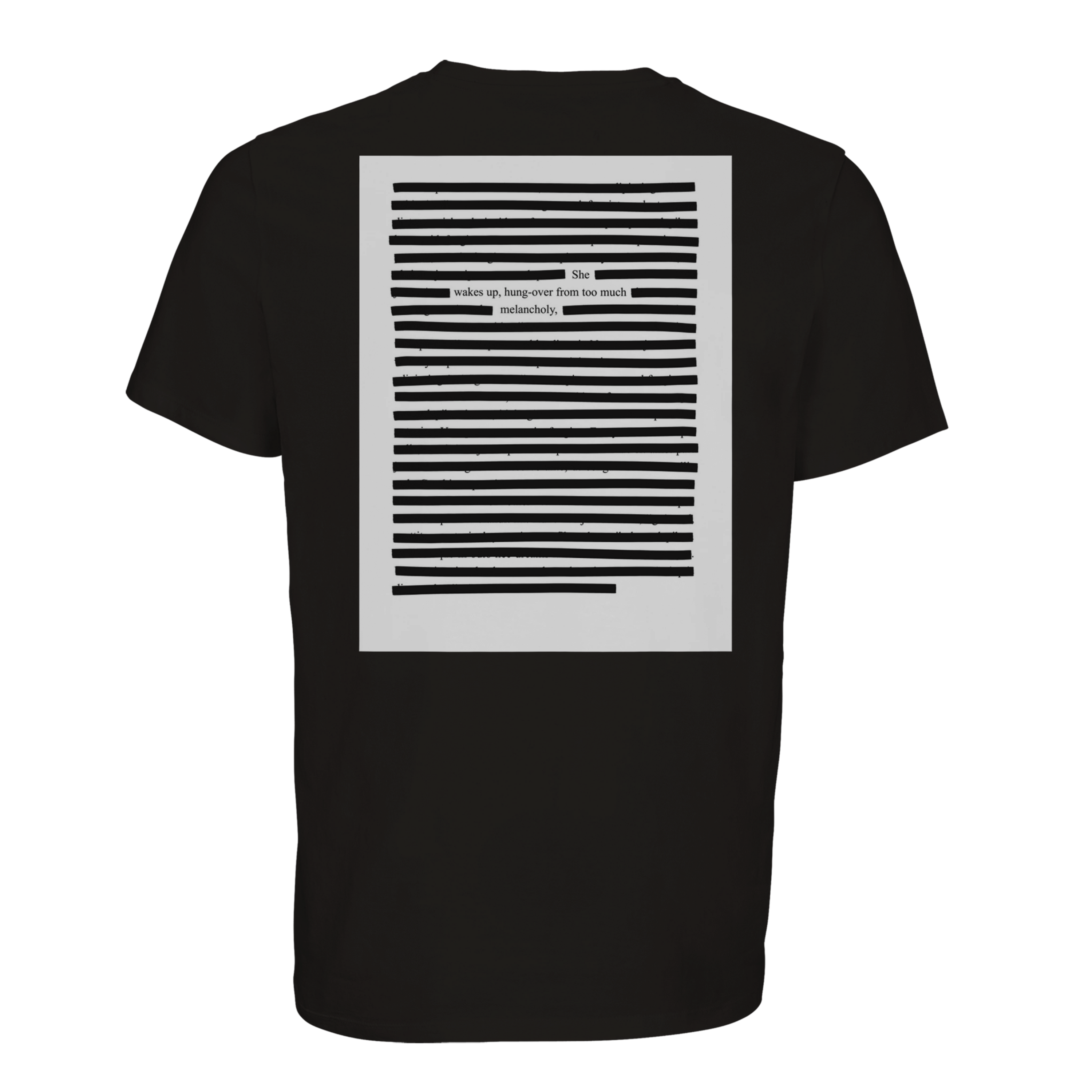 Back of black organic T-shirt with black printed poetry art, black on black