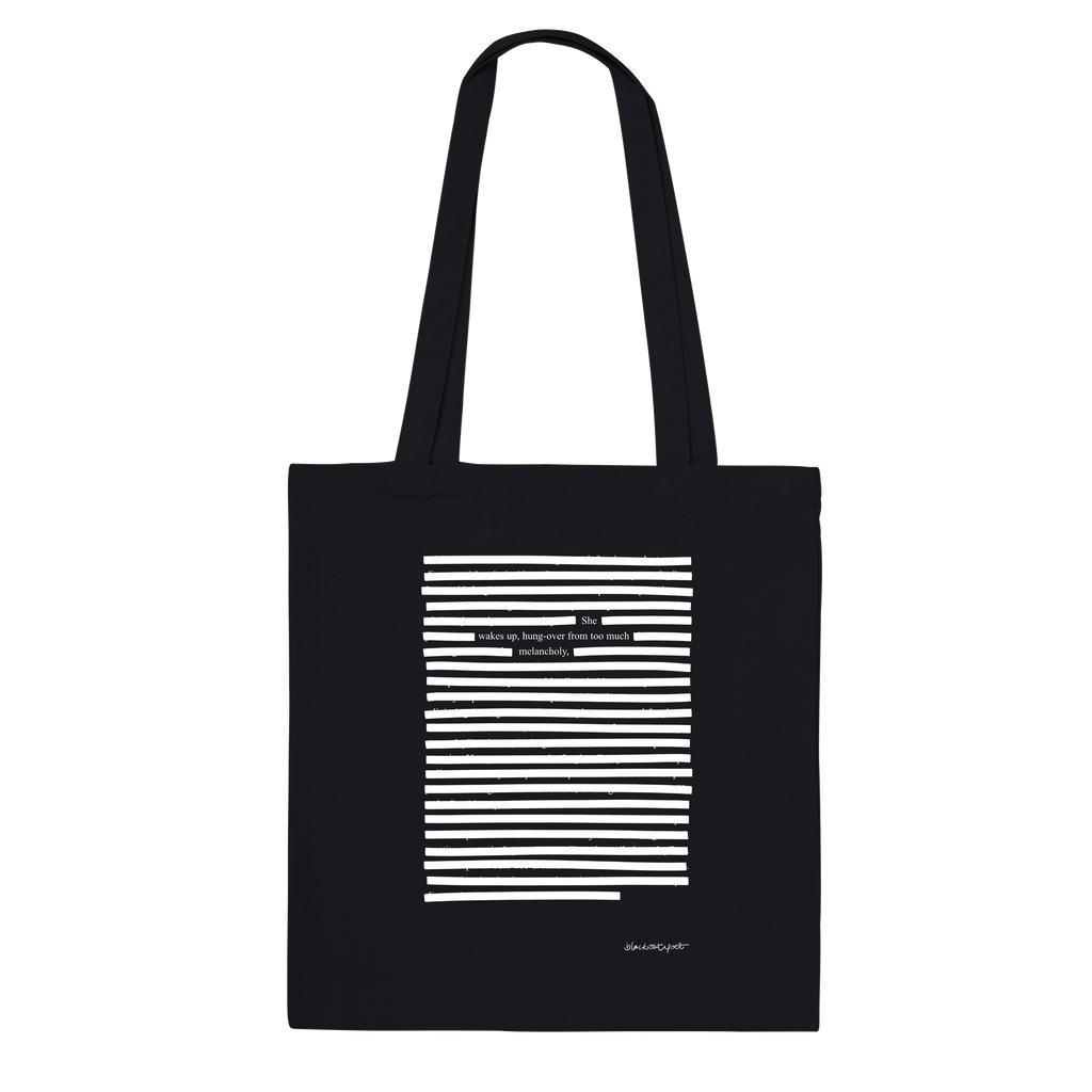 Black organic tote bag printed sustainable eco fashion poetry art, white on black