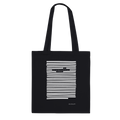 Black organic tote bag printed sustainable eco fashion poetry art, white on black