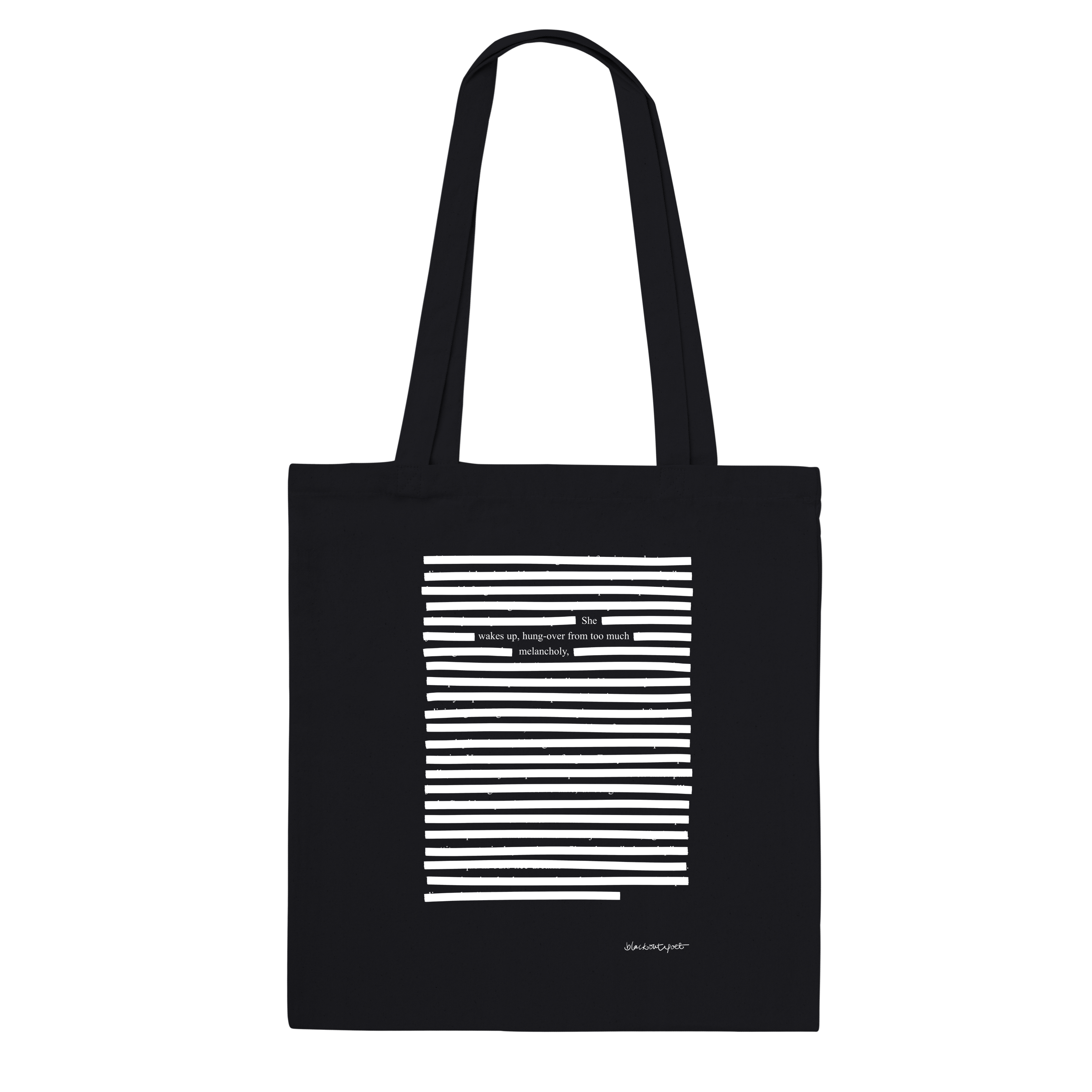 Black organic tote bag printed sustainable eco fashion poetry art, white on black
