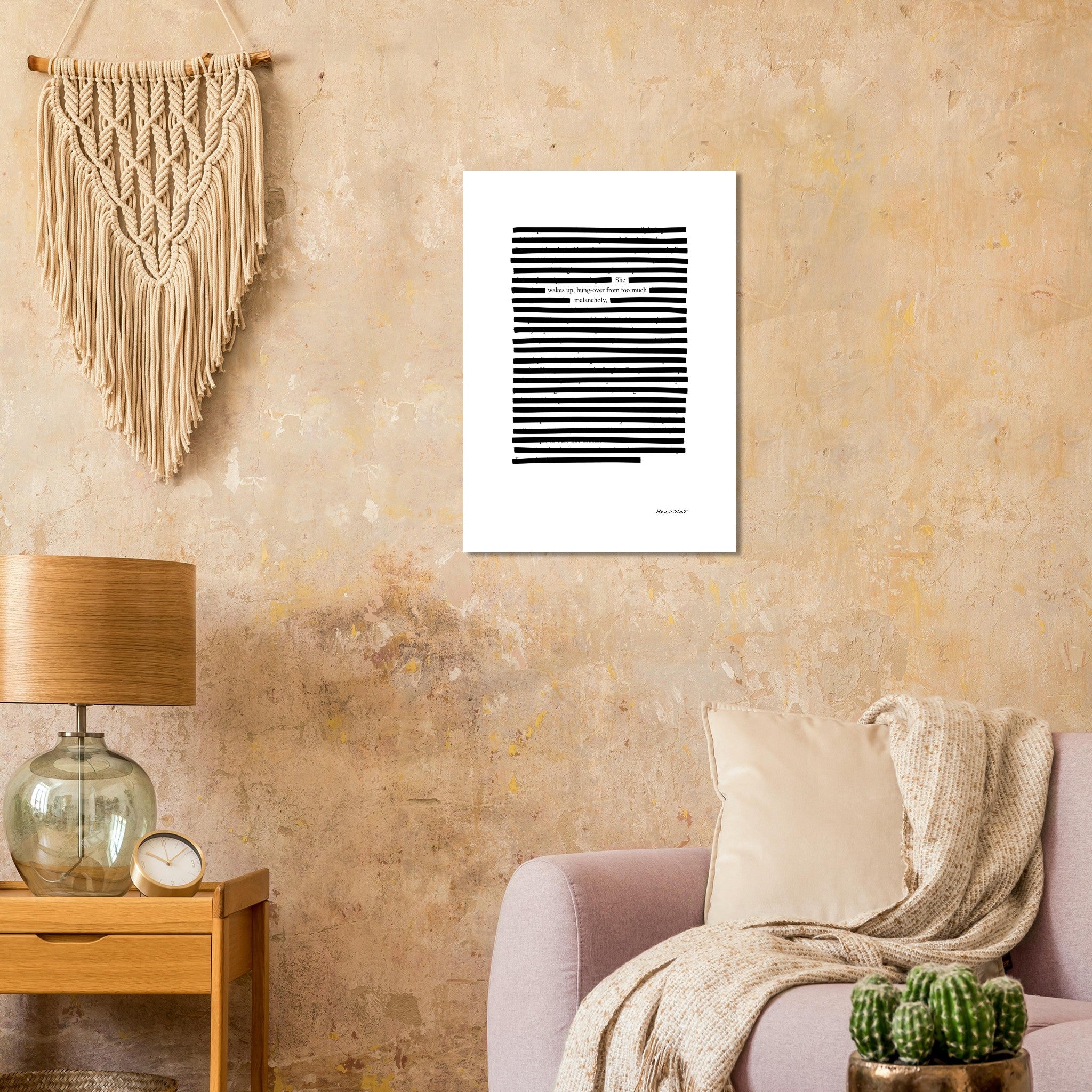White wall art on wall in terracotta, with black lines and cactus.
Available in 5 sizes:
13x18 cm / 5x7″
21x29.7 cm / 8x12"
25x25 cm / 10x10″
30x40 cm / 12x16″
50x70 cm / 20x28″