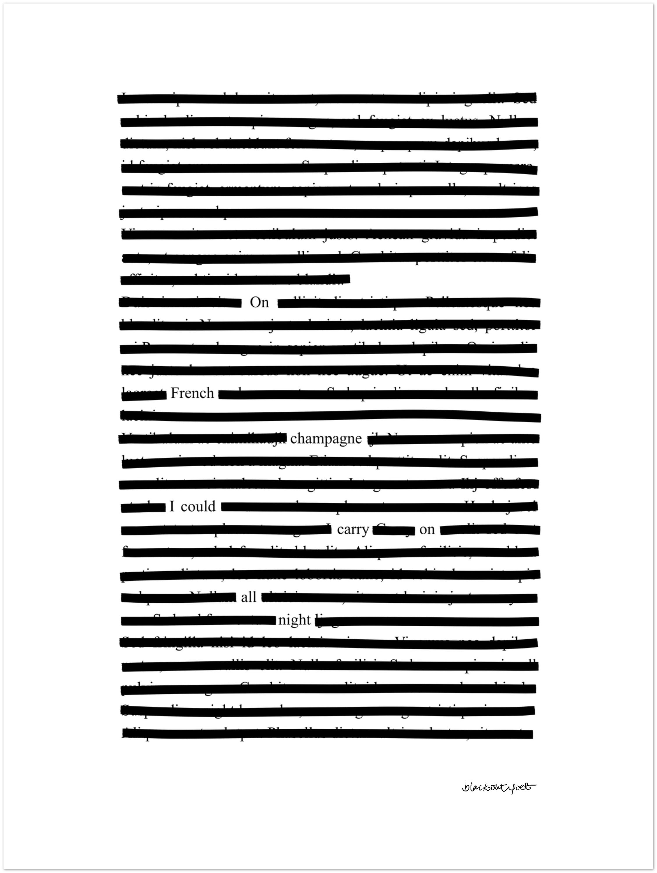 Black and white blackout poetry poster with a quote on a white background, size 30x40 cm / 12x16″